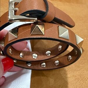 Valentino Tan Leather Bracelet with Gold Studs